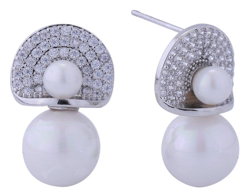 DJE310898 14K Double Pearl Pave CZ Post Earrings - MiMi Wholesale