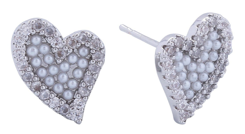 DJE311071 14K Pearl Pave Heart Post Earrings - MiMi Wholesale