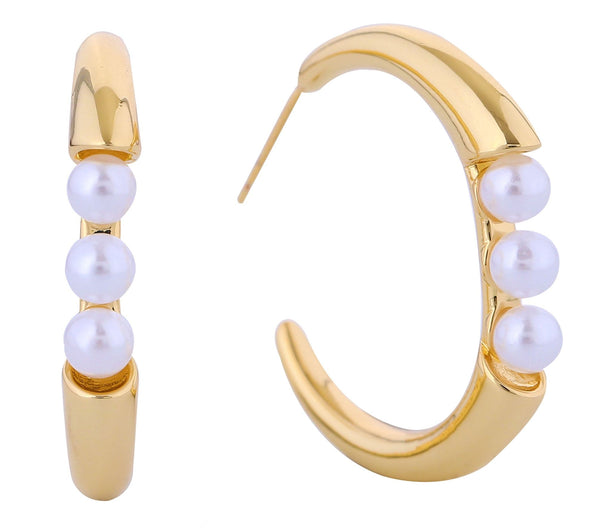 DJE311228 14K Dipped Pearl Crescent CZ Hoop Earrings - MiMi Wholesale