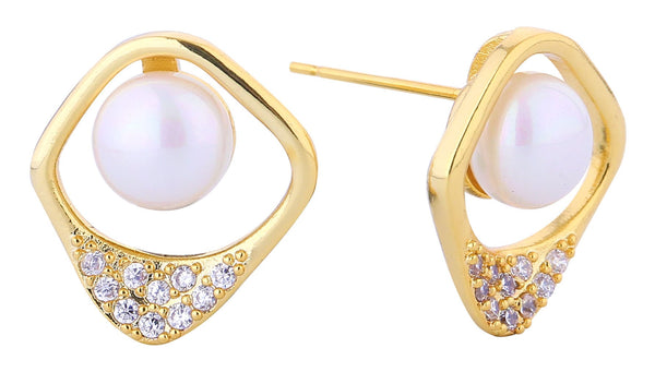 DJE311244 14K Dipped Halo Pearl CZ Post Earrings - MiMi Wholesale