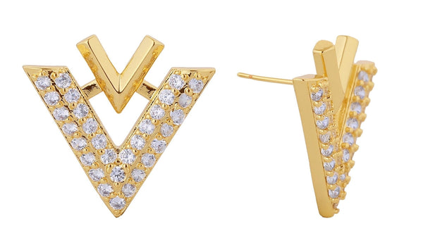 DJE311306 14K Dipped Double V Shape Pave CZ Post Earrings - MiMi Wholesale