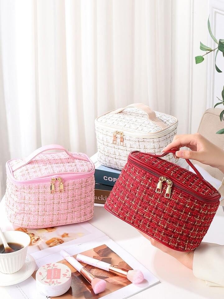 EG10305 Tweed Double Zip Cosmetic Bag - MiMi Wholesale