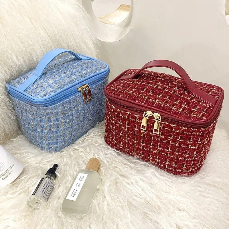 EG10305 Tweed Double Zip Cosmetic Bag - MiMi Wholesale