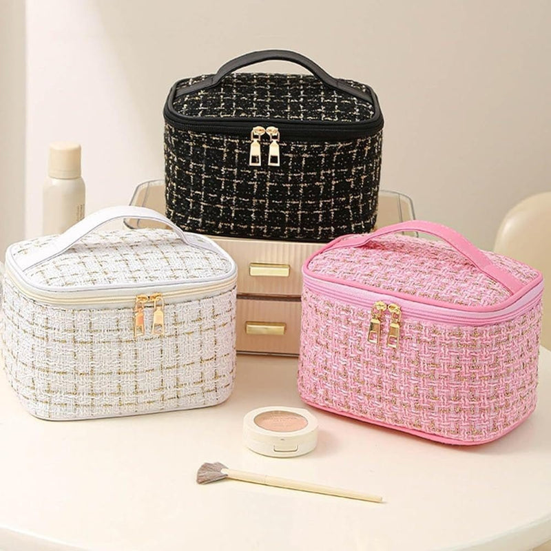 EG10305 Tweed Double Zip Cosmetic Bag - MiMi Wholesale