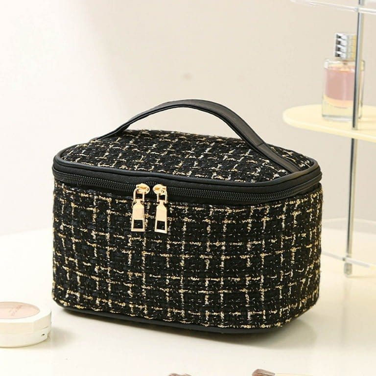 EG10305 Tweed Double Zip Cosmetic Bag - MiMi Wholesale