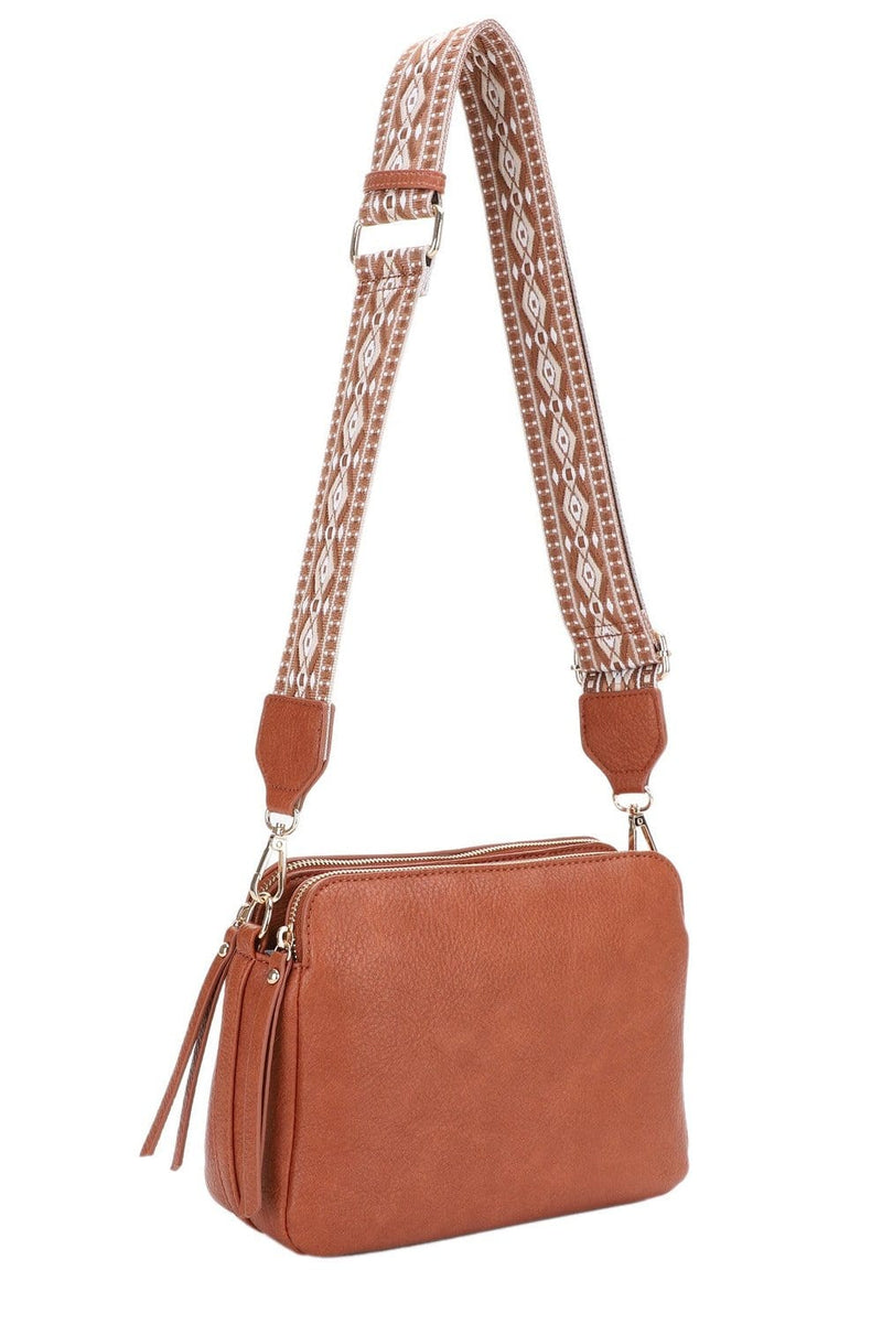 EJ60197 Mila 3 Compartment Crossbody Bag With Guitar Strap - MiMi Wholesale