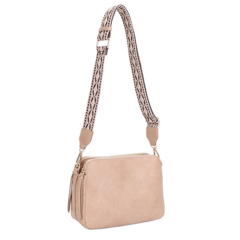 EJ60197 Mila 3 Compartment Crossbody Bag With Guitar Strap - MiMi Wholesale