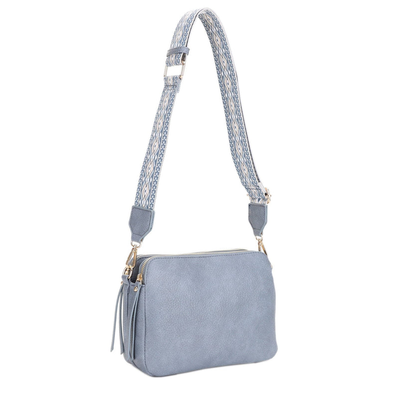 EJ60197 Mila 3 Compartment Crossbody Bag With Guitar Strap - MiMi Wholesale