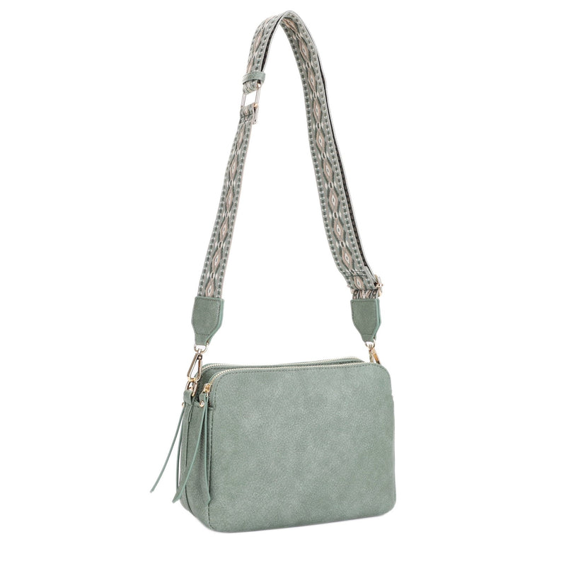 EJ60197 Mila 3 Compartment Crossbody Bag With Guitar Strap - MiMi Wholesale
