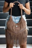 EJ60273SU Faux Suede Western Fringe Tote Bag - MiMi Wholesale