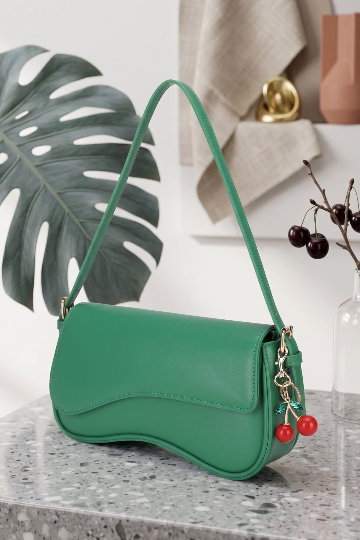EJ60375 Emilie Baguette Shoulder Bag With Cherry Charm - MiMi Wholesale