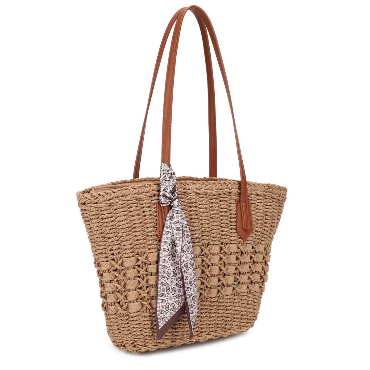 EJ60420 Penelope Straw Tote Bag With Scarf - MiMi Wholesale