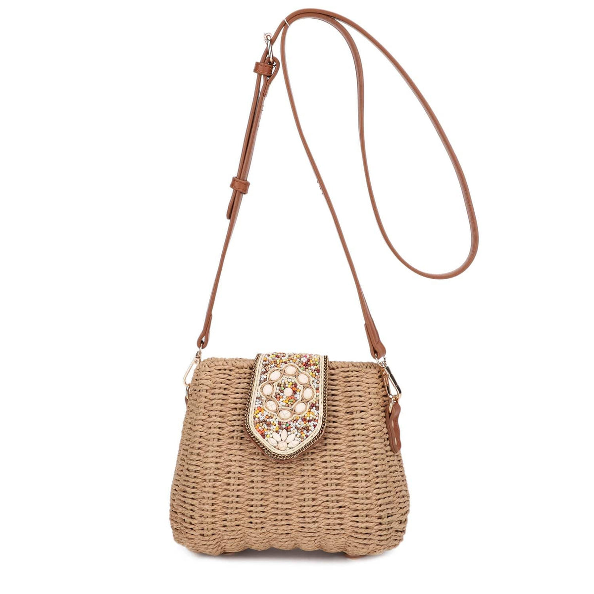 EJ60445 Straw Crossbody Bag With Beaded Buckle - MiMi Wholesale