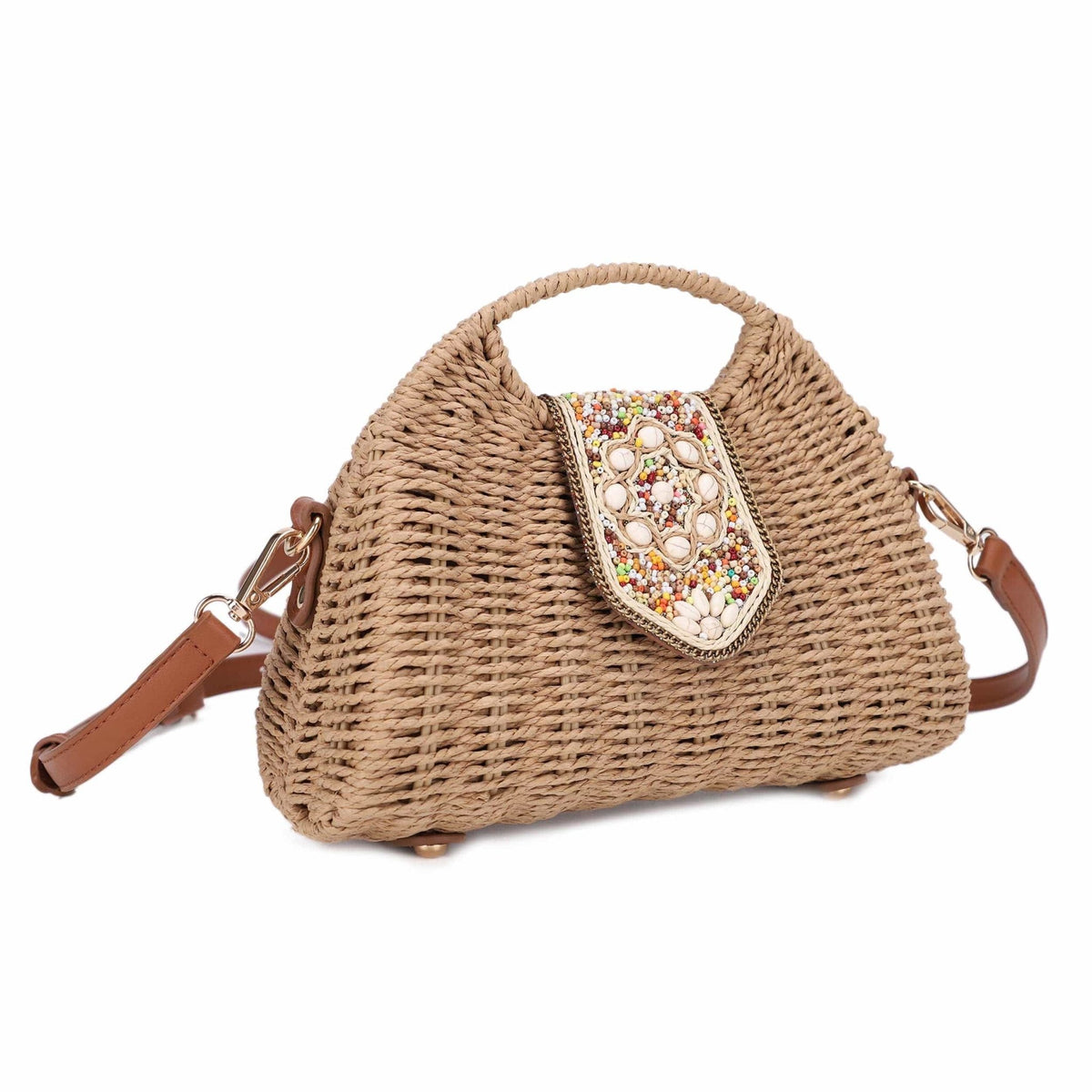 EJ60446 Lia Straw Crossbody Bag With Beaded Buckle - MiMi Wholesale