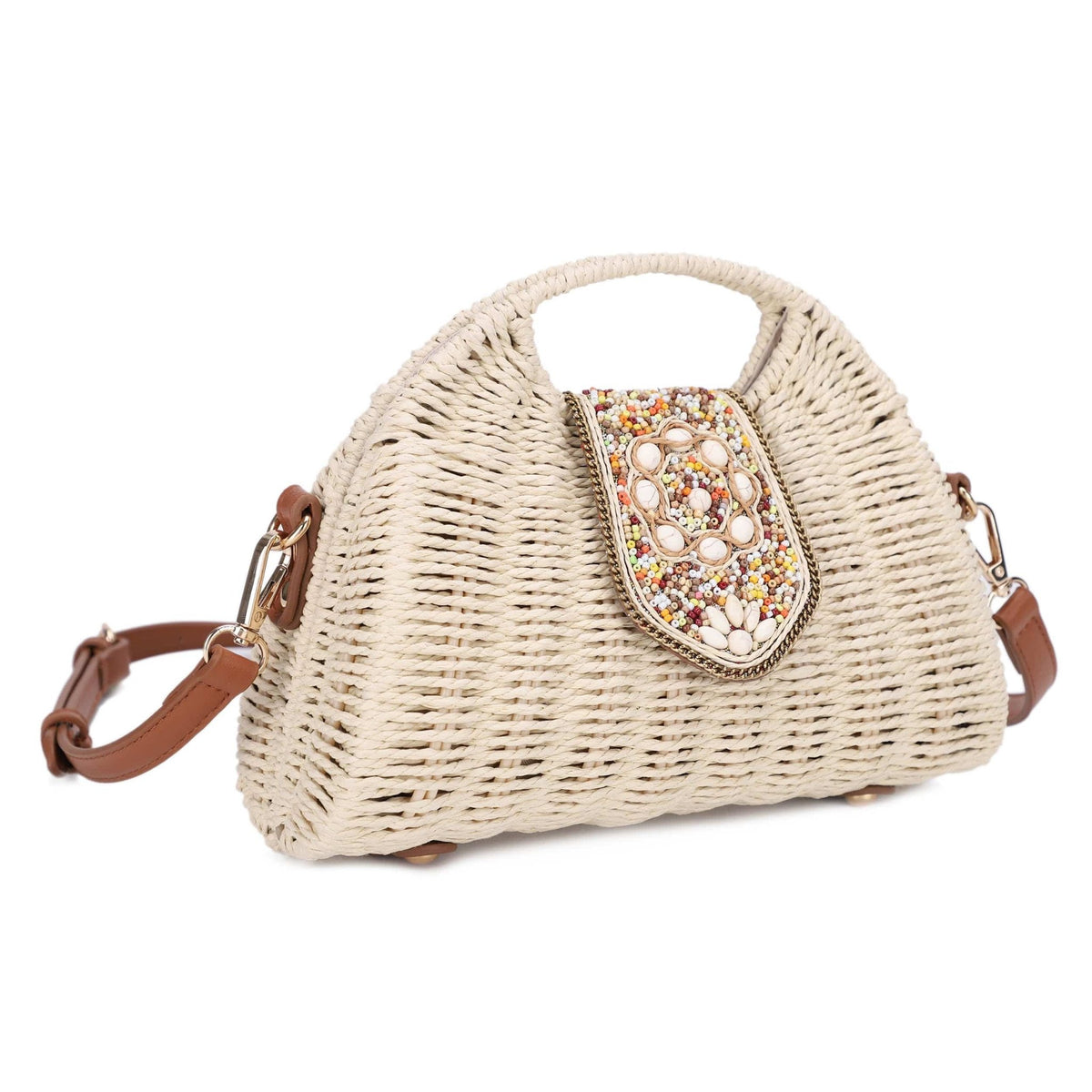 EJ60446 Lia Straw Crossbody Bag With Beaded Buckle - MiMi Wholesale