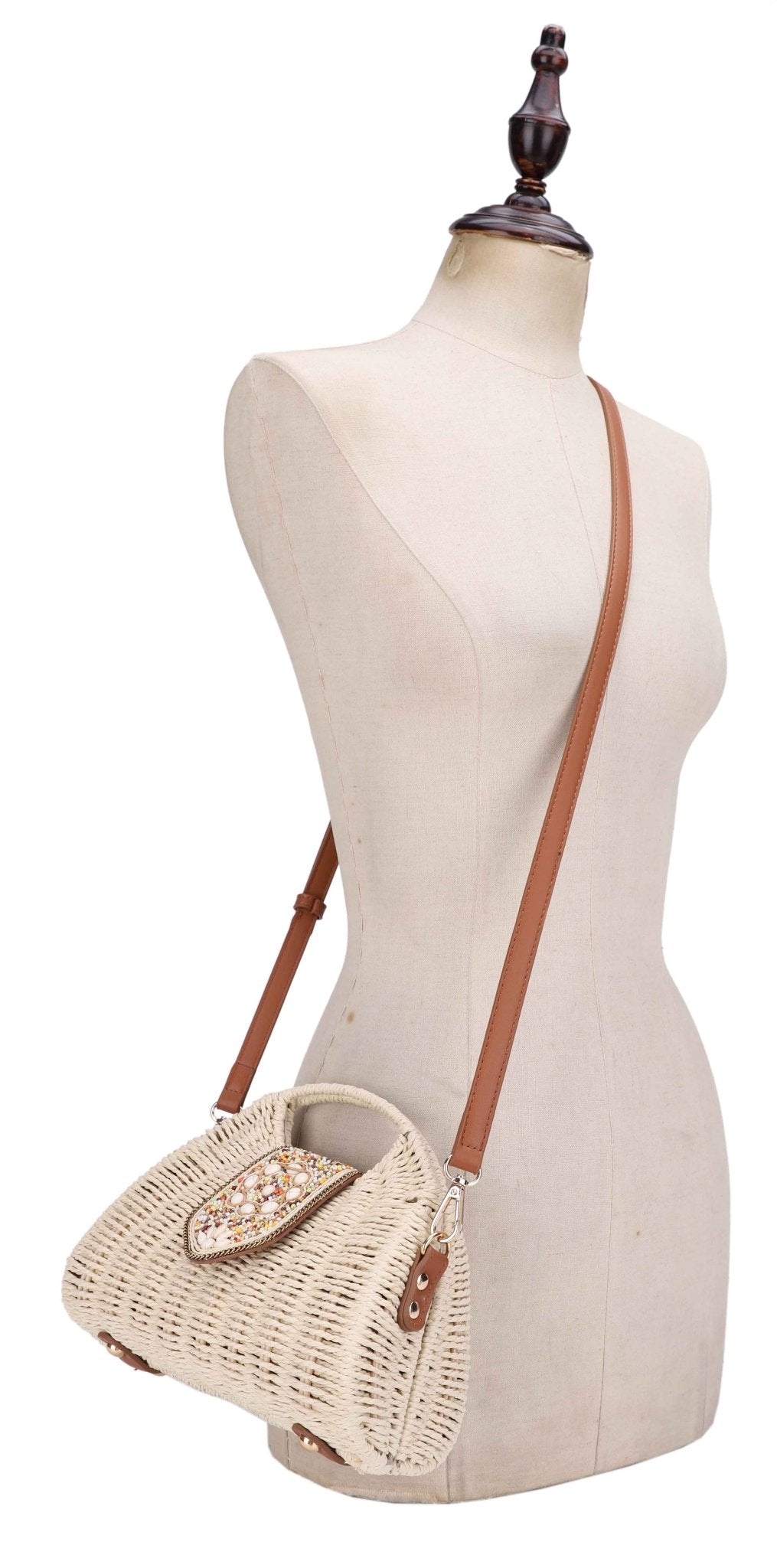 EJ60446 Lia Straw Crossbody Bag With Beaded Buckle - MiMi Wholesale