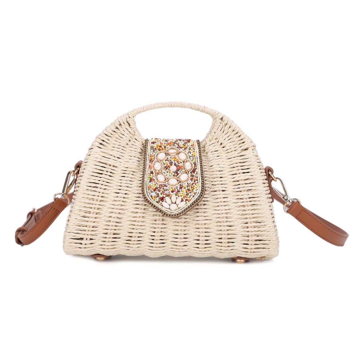 EJ60446 Lia Straw Crossbody Bag With Beaded Buckle - MiMi Wholesale