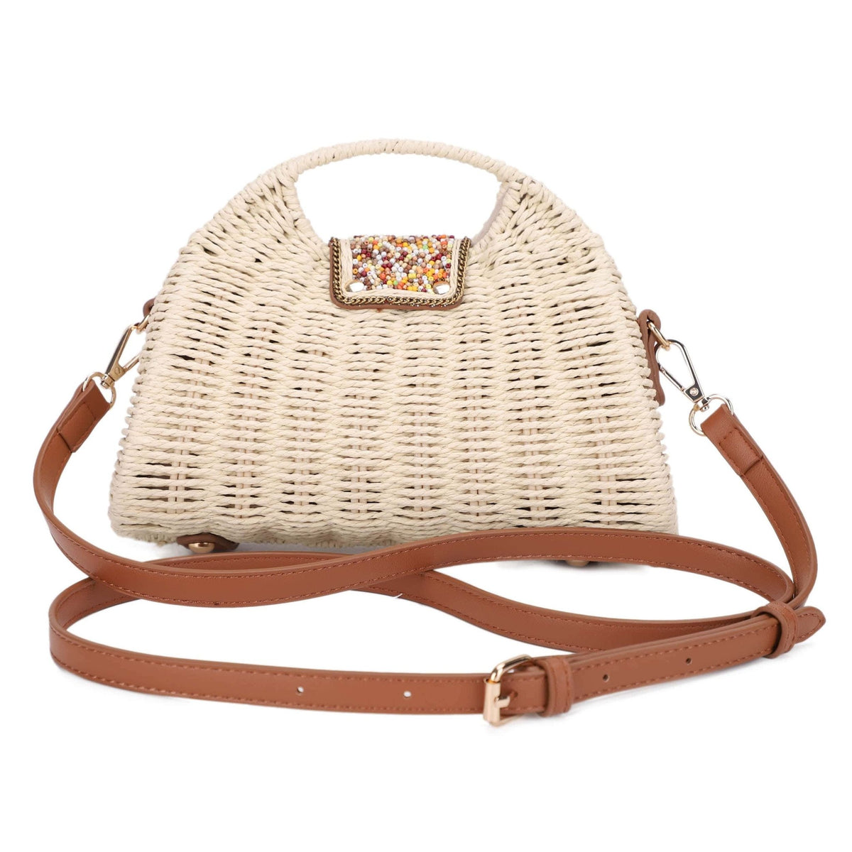 EJ60446 Lia Straw Crossbody Bag With Beaded Buckle - MiMi Wholesale