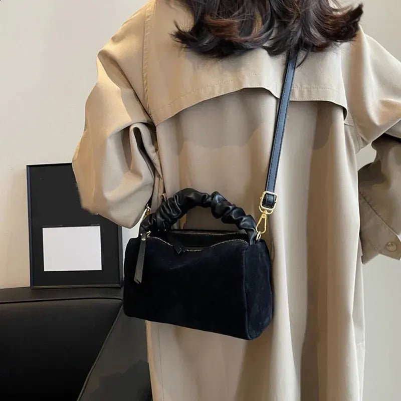 GMS0095 Faux Suede Ruched Handle Crossbody/Satchel Bag - MiMi Wholesale