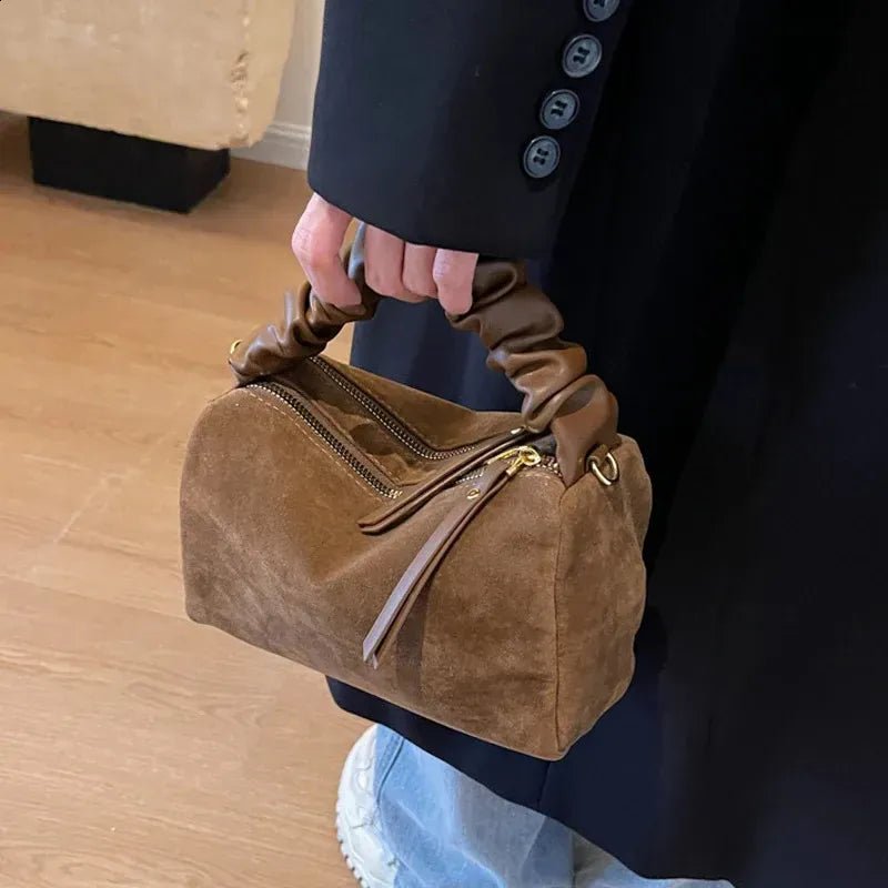 GMS0095 Faux Suede Ruched Handle Crossbody/Satchel Bag - MiMi Wholesale