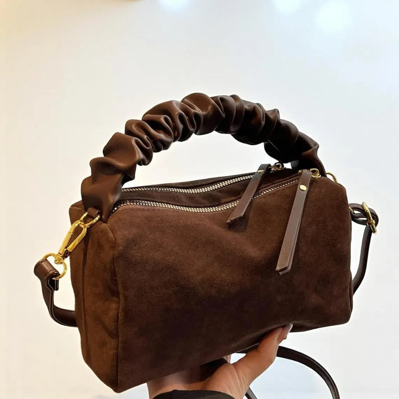 GMS0095 Faux Suede Ruched Handle Crossbody/Satchel Bag - MiMi Wholesale