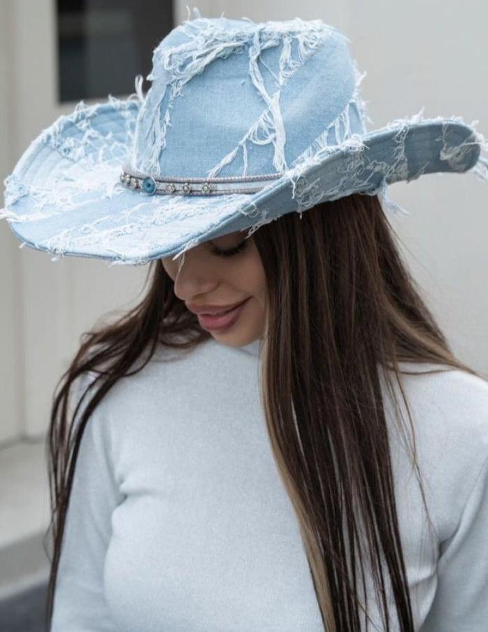 H3444 Distressed Denim Cowboy Hat - MiMi Wholesale