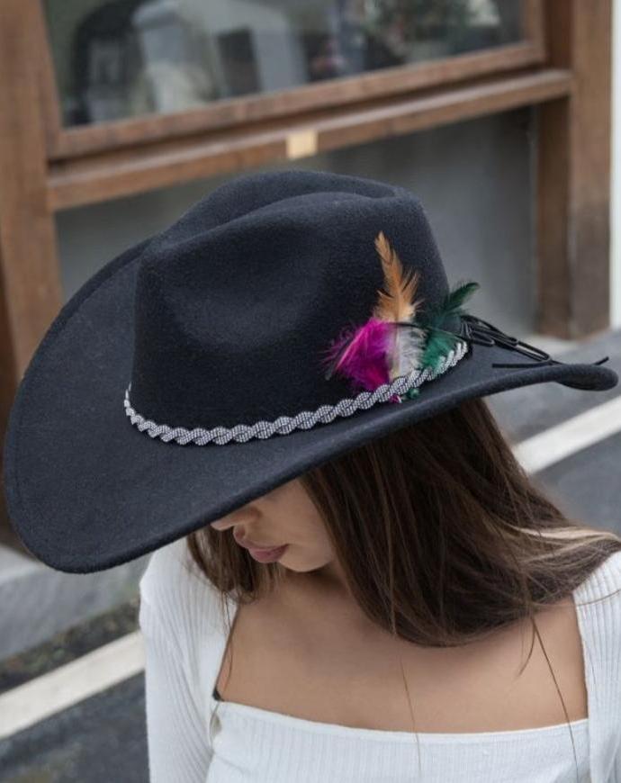 H3446 Felt Cowboy Hat With Rhinestone Brim and Feathers - MiMi Wholesale