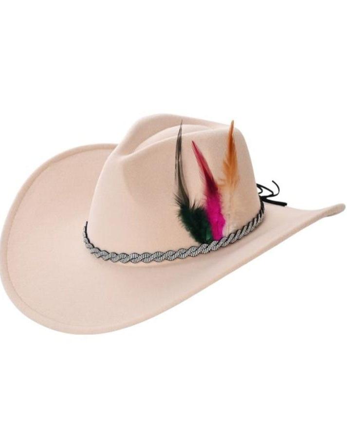 H3446 Felt Cowboy Hat With Rhinestone Brim and Feathers - MiMi Wholesale