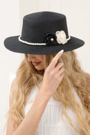 H3522 Straw Panama Hat With Pearl Flower Band - MiMi Wholesale