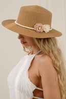 H3522 Straw Panama Hat With Pearl Flower Band - MiMi Wholesale