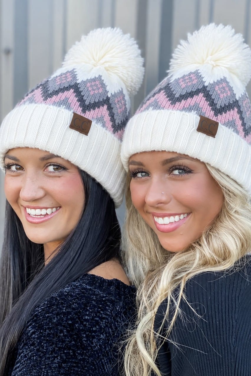 HAT-3816 Avery Aztec Chevron Pom Beanie - MiMi Wholesale