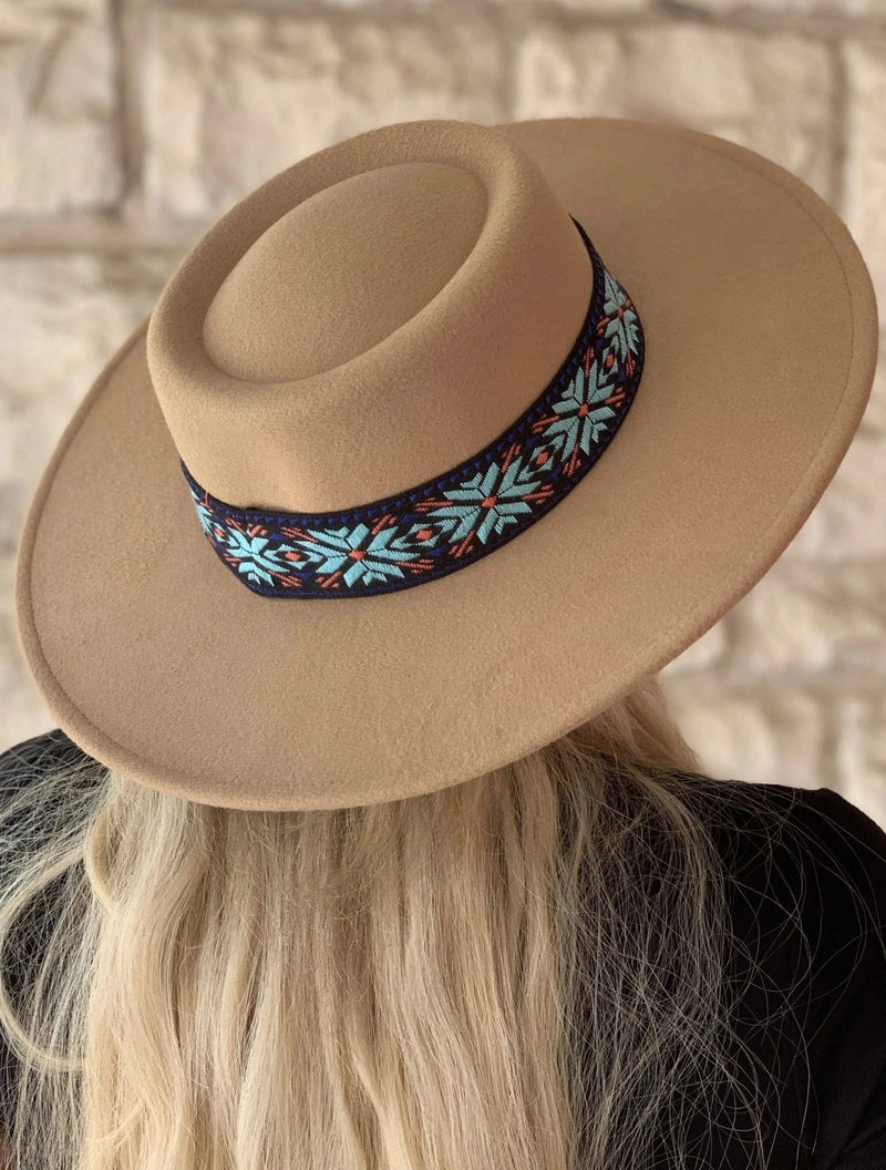 HAT2191 Mirta Aztec Trim Wide Brim Fedora - MiMi Wholesale