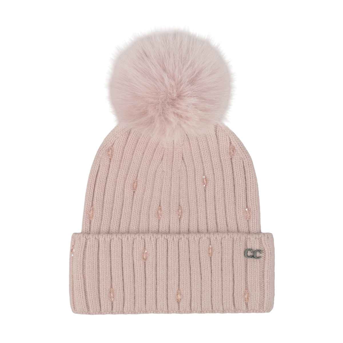 HTC0069 Glass Bead Cuff Faux Fur Pom Beanie - MiMi Wholesale