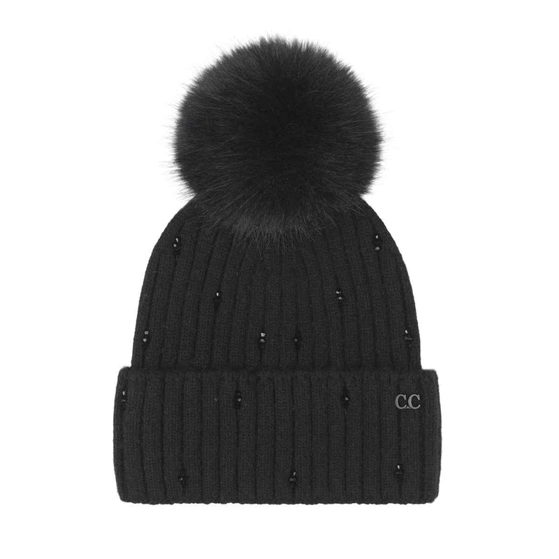 HTC0069 Glass Bead Cuff Faux Fur Pom Beanie - MiMi Wholesale