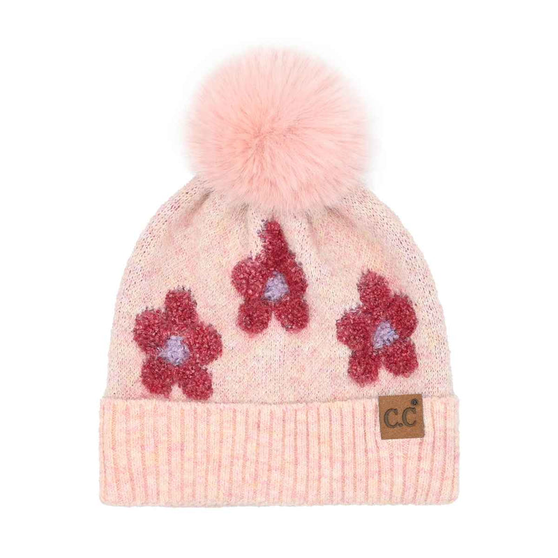 HTC0079 Darla Daisy Contrast Fur Pom Beanie - MiMi Wholesale