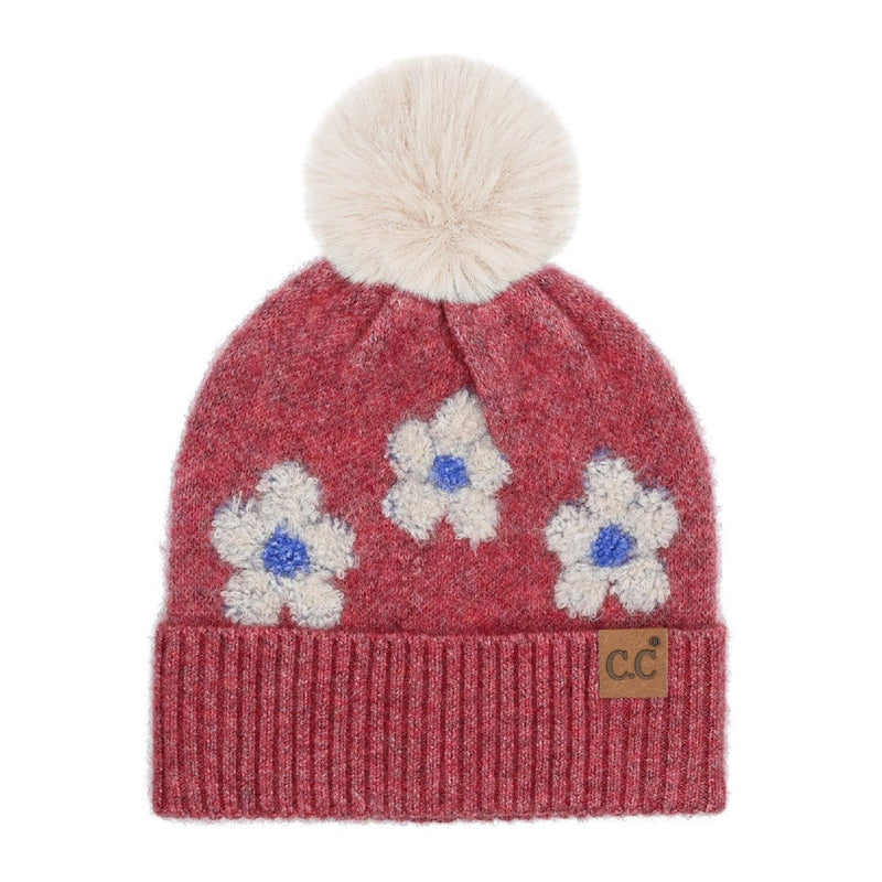 HTC0079 Darla Daisy Contrast Fur Pom Beanie - MiMi Wholesale