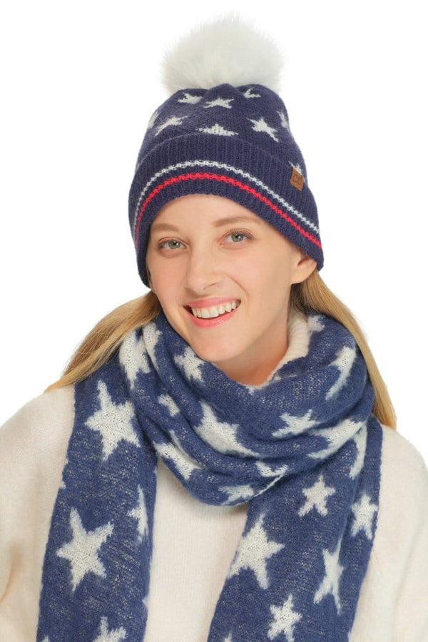 HTC0120 All Over Star and Stripe Cuff Pom Beanie - MiMi Wholesale