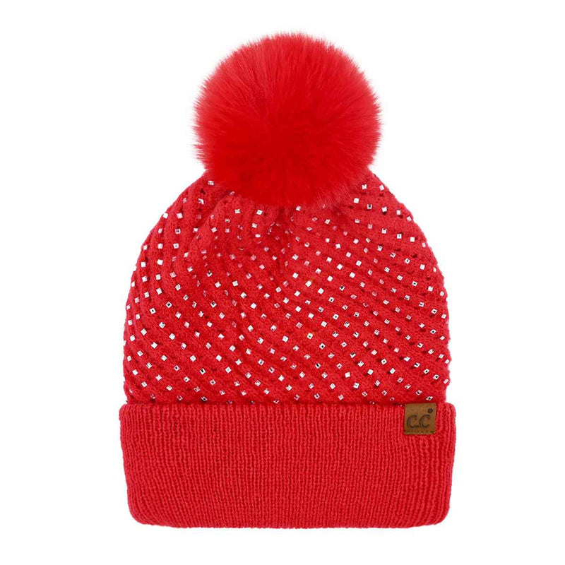 HTE0101 All Over Rhinestone Pom Beanie - MiMi Wholesale