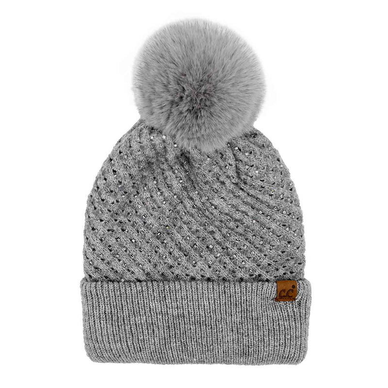 HTE0101 All Over Rhinestone Pom Beanie - MiMi Wholesale