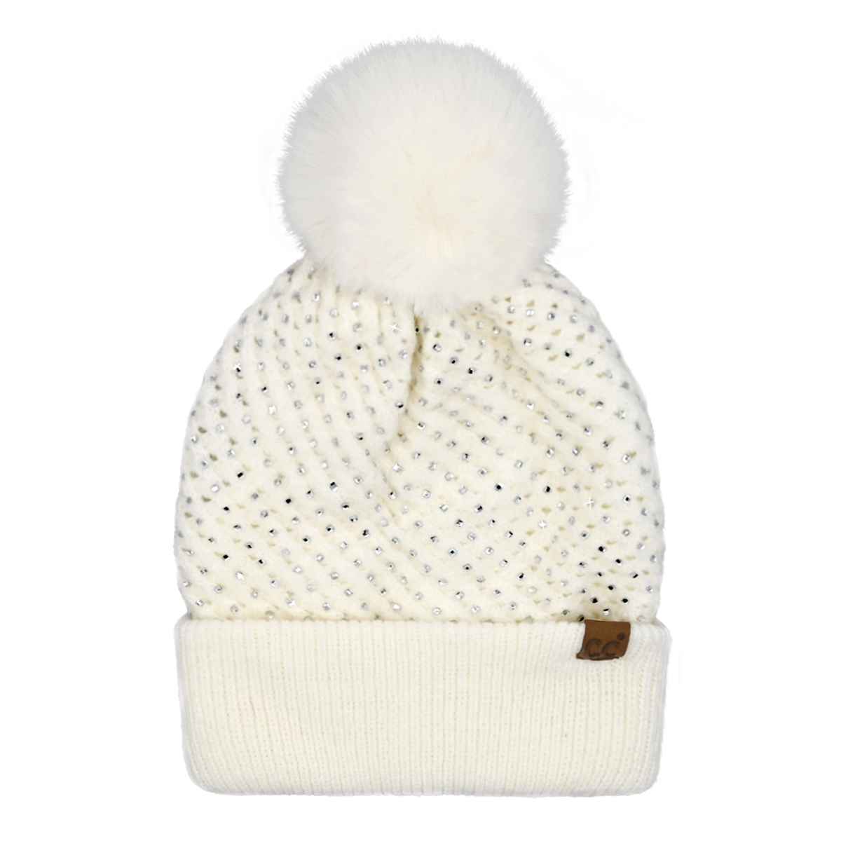 HTE0101 All Over Rhinestone Pom Beanie - MiMi Wholesale