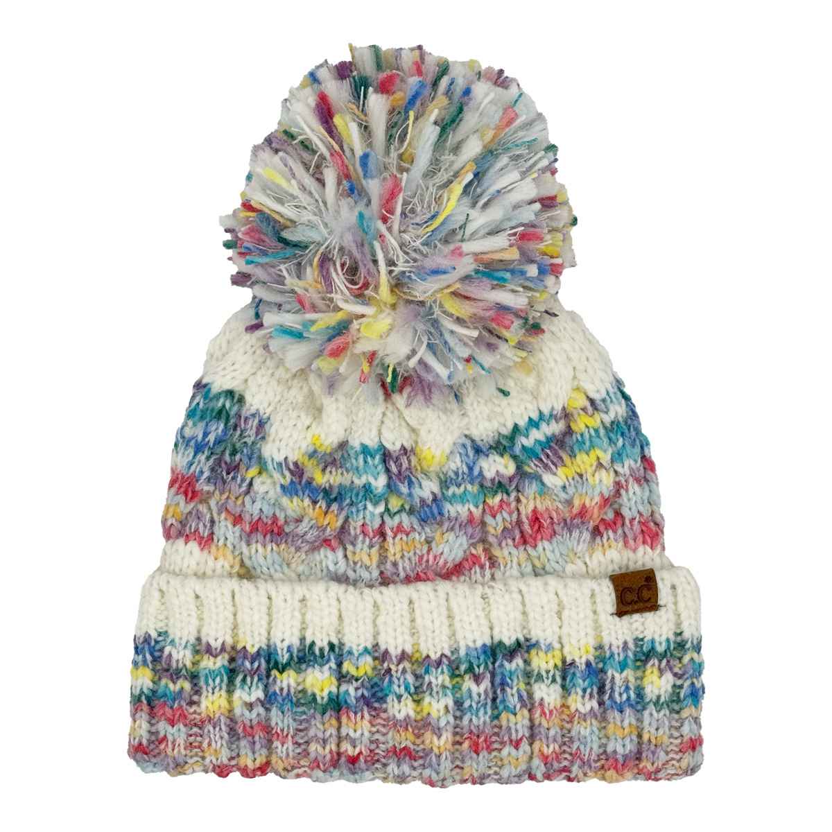 HTE0137 Multi Color Cable Pom Beanie - MiMi Wholesale