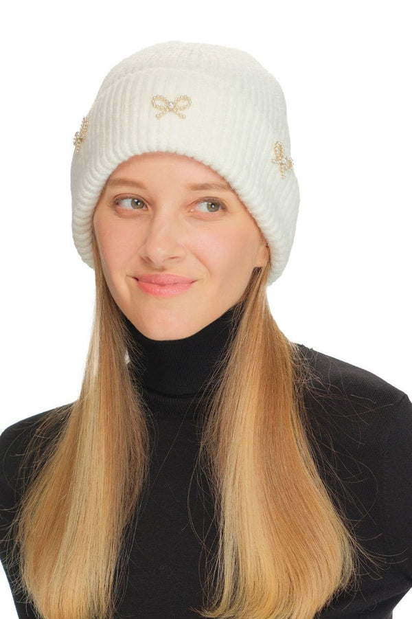 HTE0148 Pearl Bow Charm Cuff Beanie - MiMi Wholesale