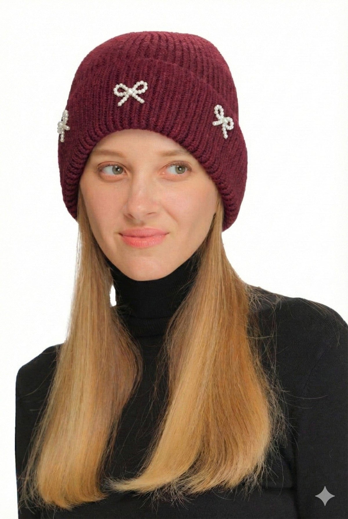 HTE0148 Three Pearl Bow Charm Cuff Beanie - MiMi Wholesale