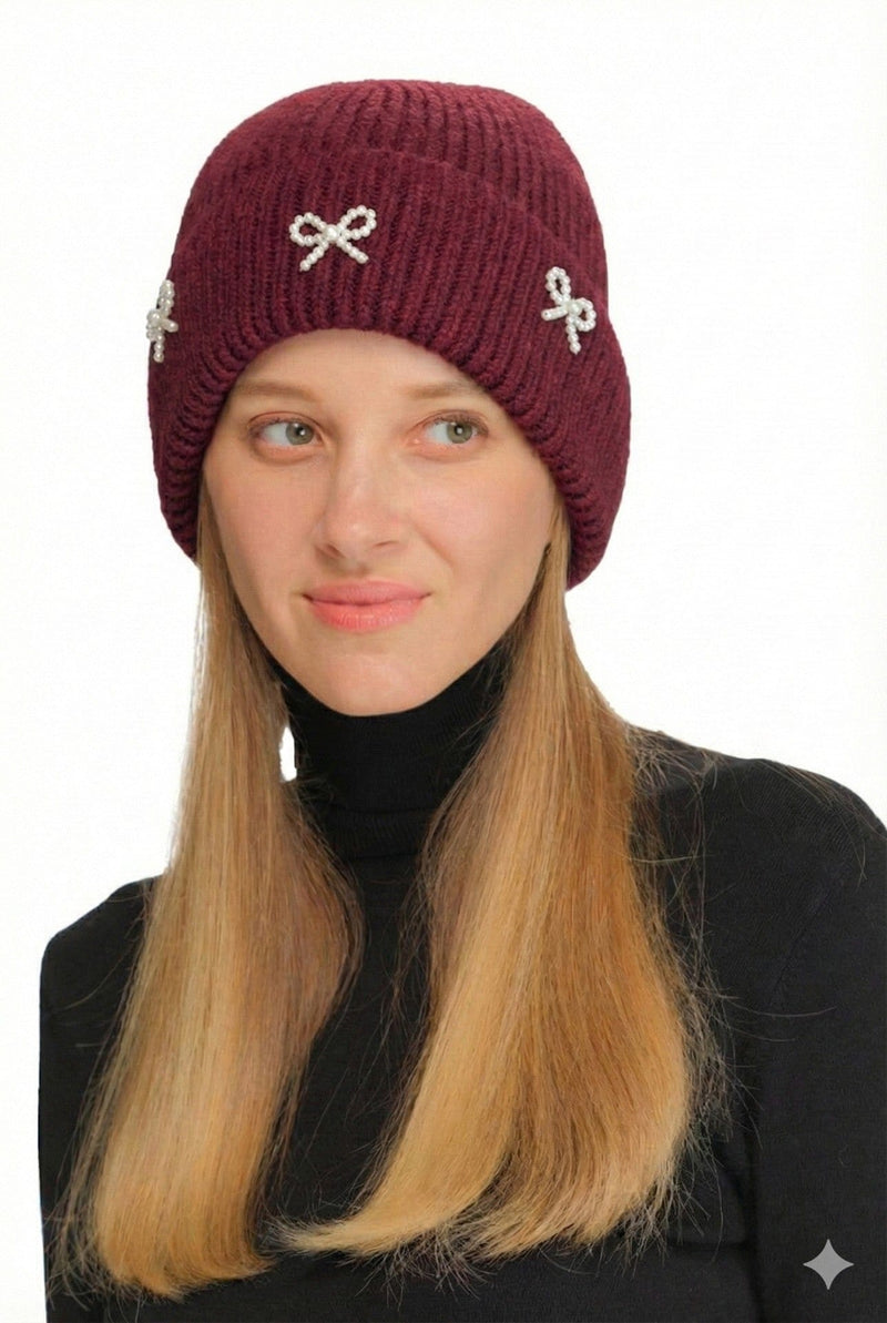 HTE0148 Three Pearl Bow Charm Cuff Beanie - MiMi Wholesale