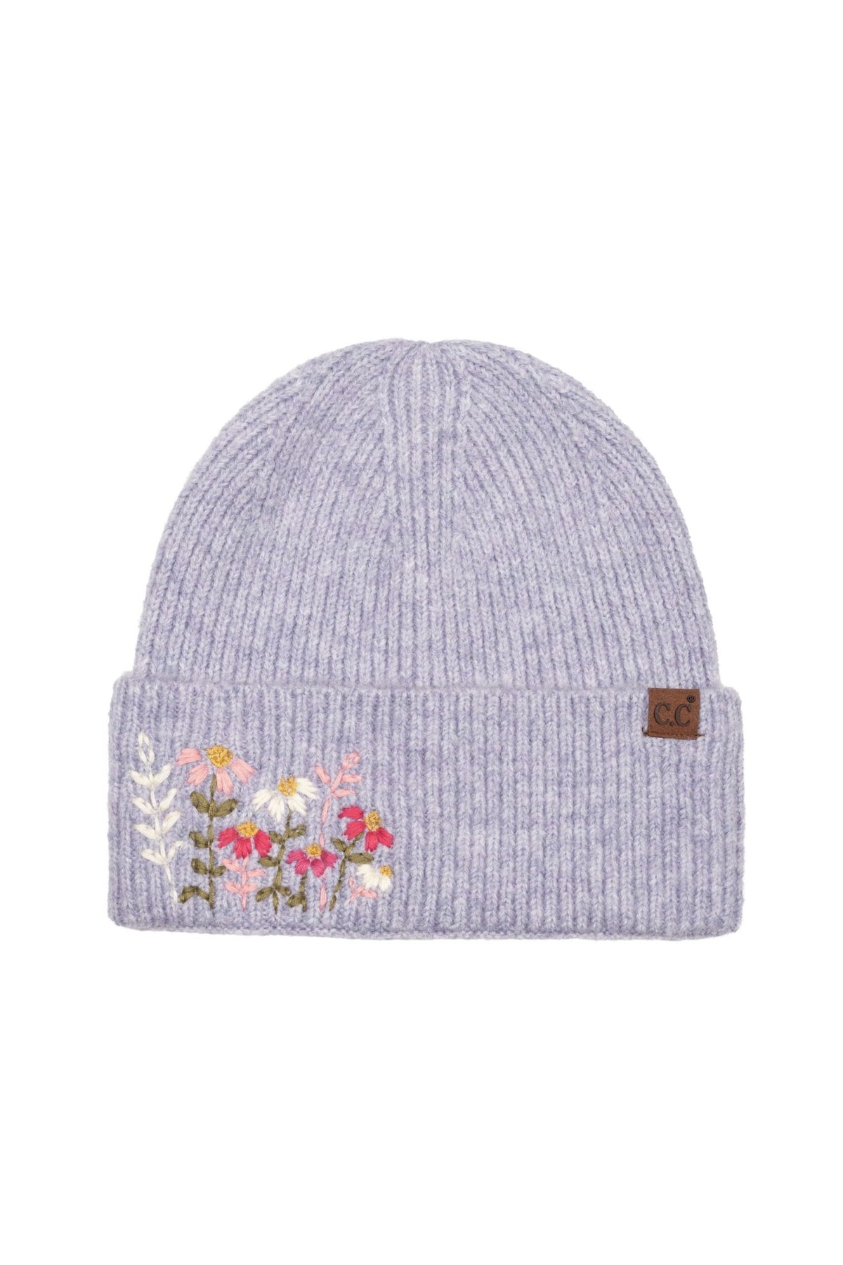 HTE0166 Daisy Floral Embroidered Cuff Beanie - MiMi Wholesale