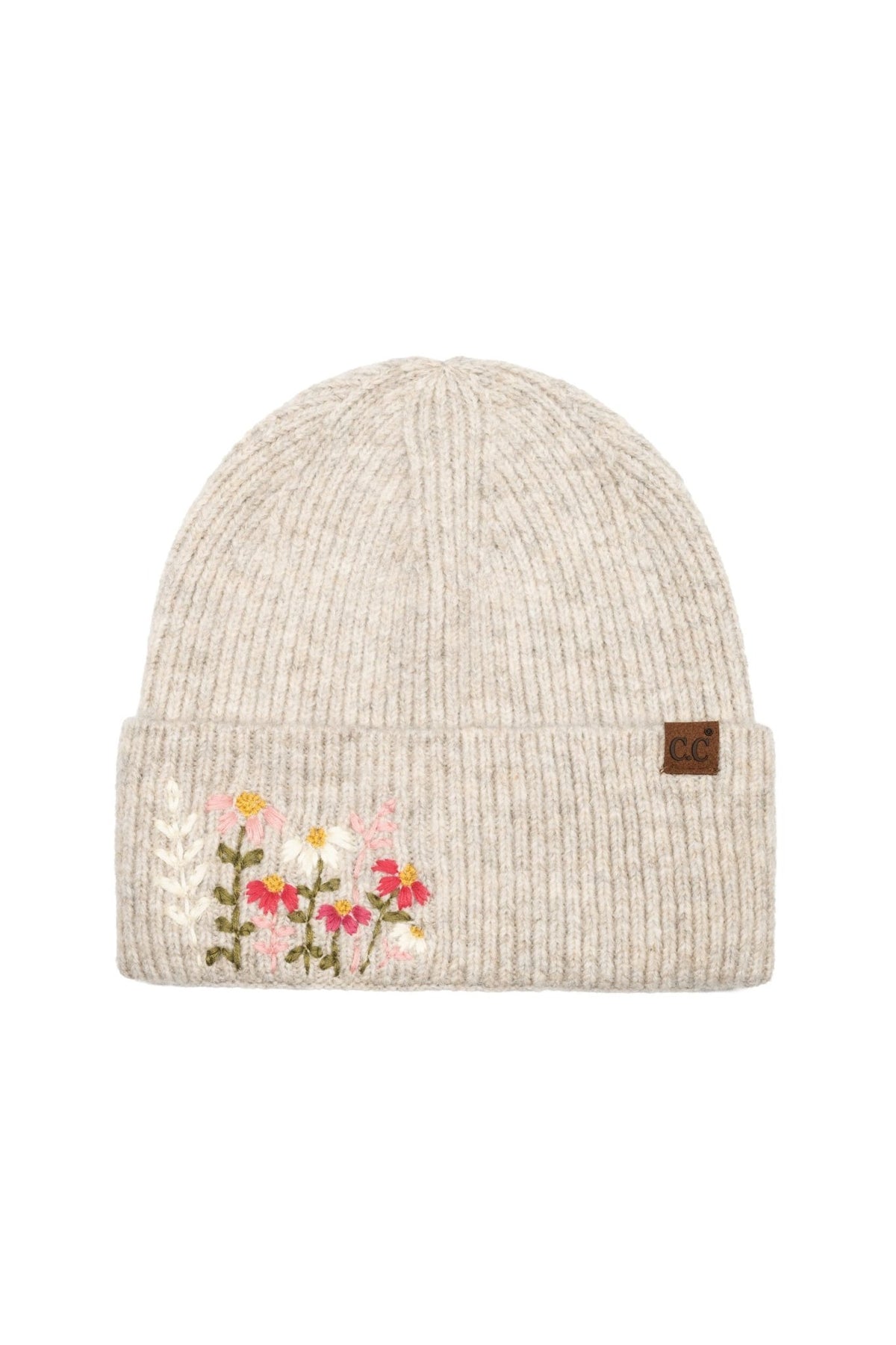 HTE0166 Daisy Floral Embroidered Cuff Beanie - MiMi Wholesale