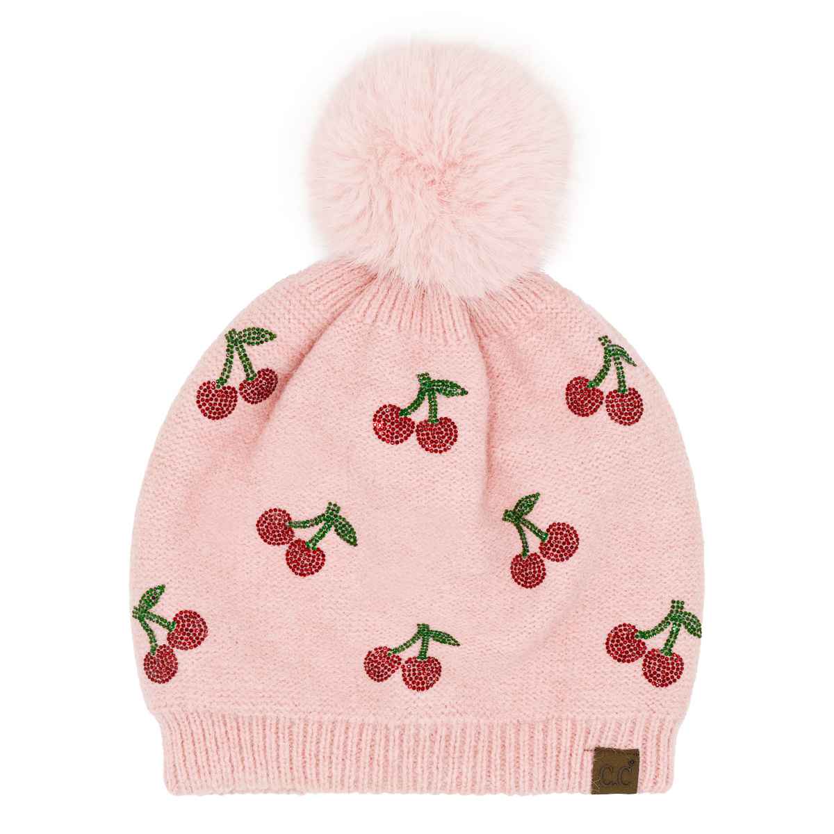 HTE0170 Cherry Rhinestone Pom Beanie - MiMi Wholesale