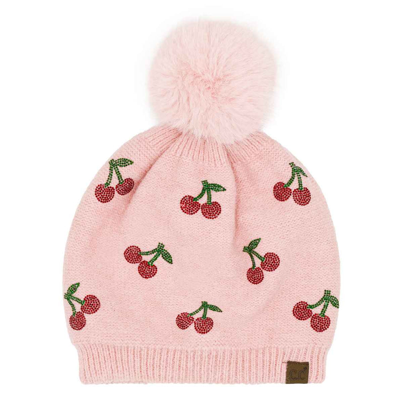 HTE0170 Cherry Rhinestone Pom Beanie - MiMi Wholesale