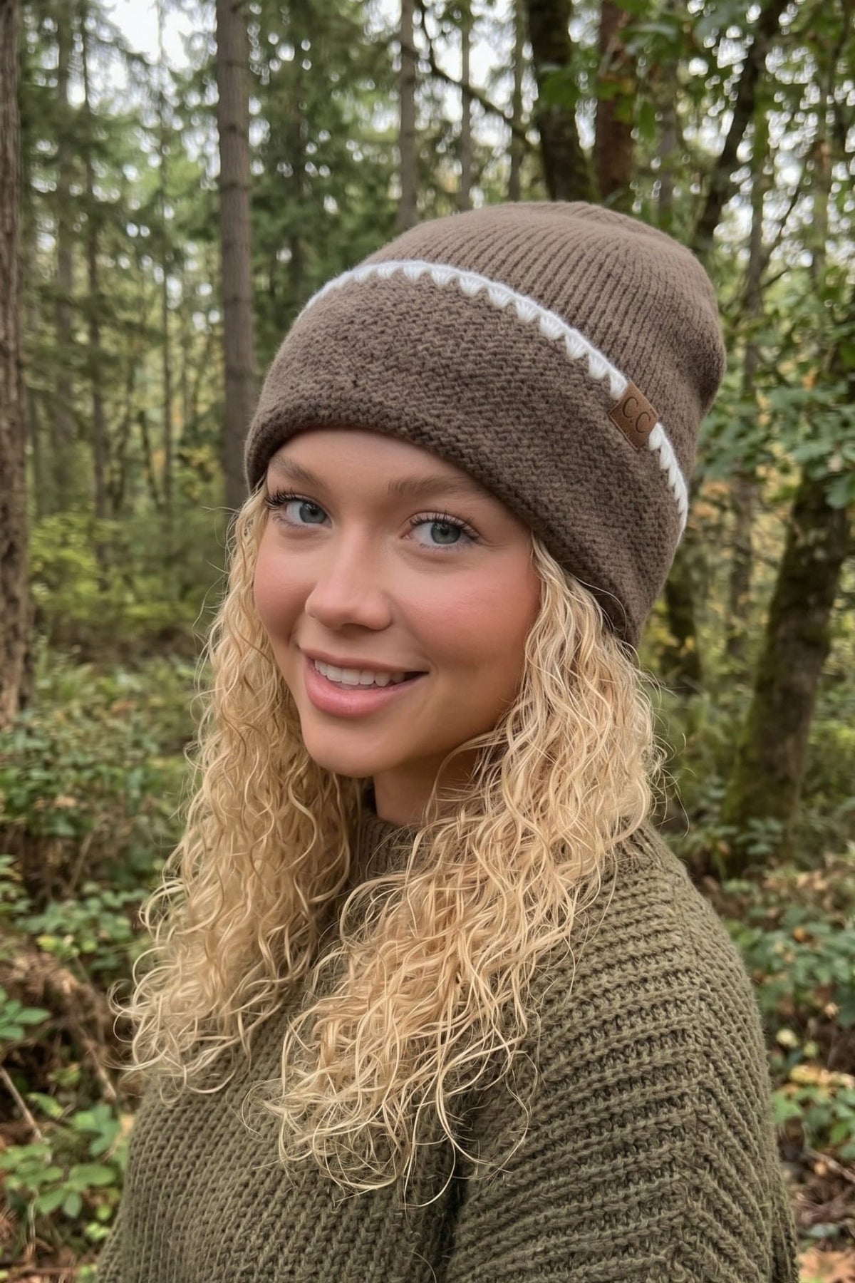 HTE0174 Paige Contrast Stitch Cuff Beanie - MiMi Wholesale