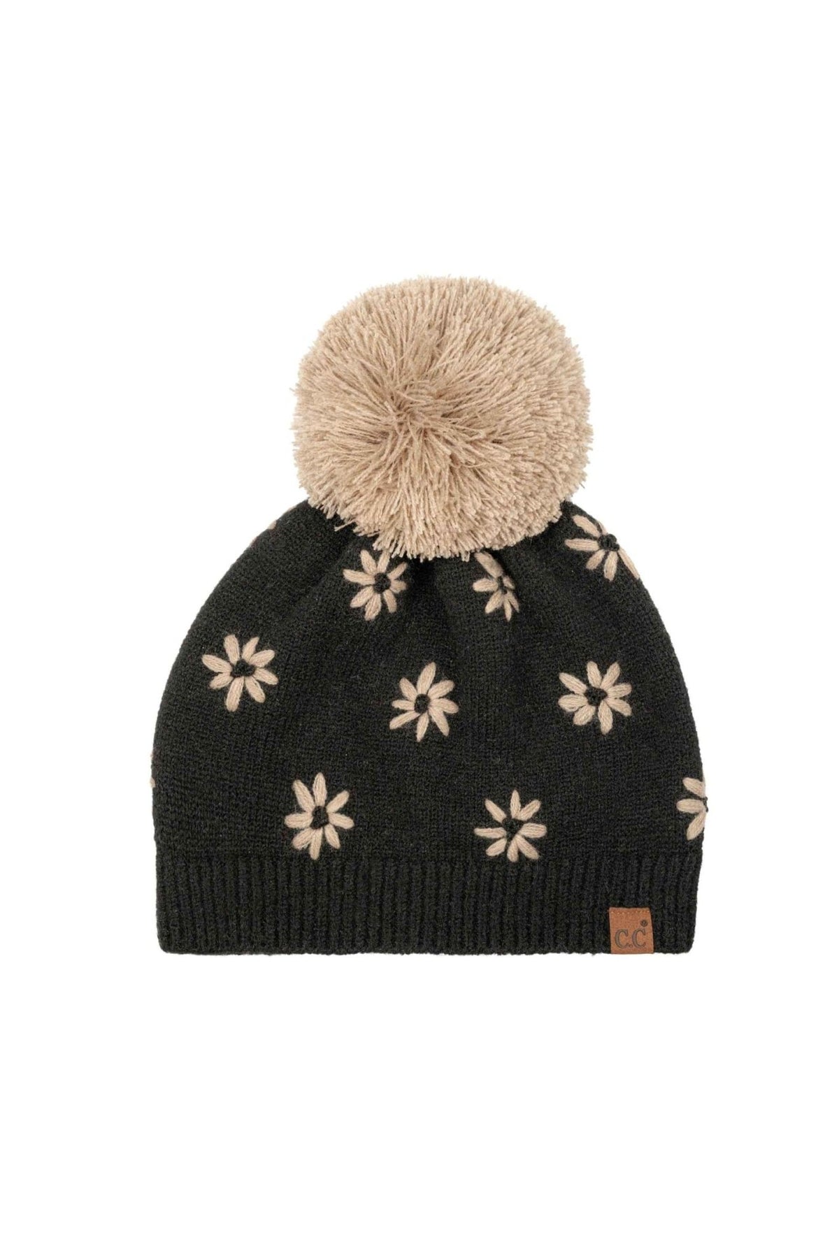 HTE0192 Daisy Embroidered Pom Beanie - MiMi Wholesale